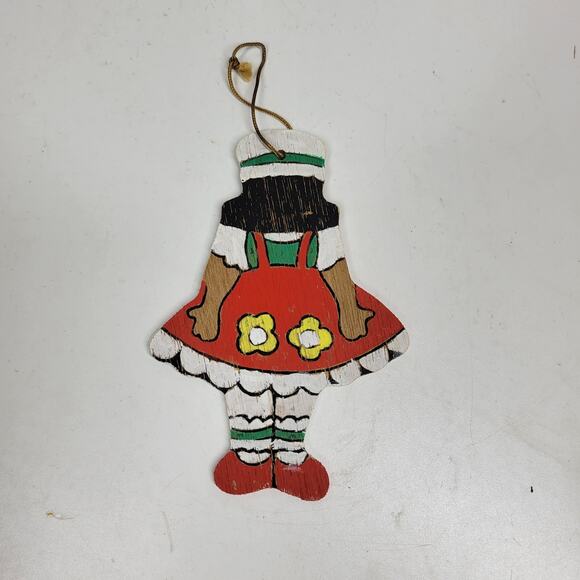 VINTAGE Wooden Girl Christmas Ornament 4" Red Hand Painted Flat Double Side 70s - Picture 5 of 12